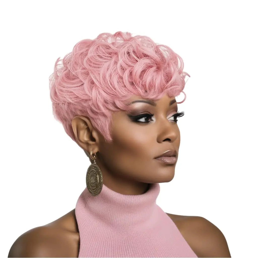 Black women's short wig delicately cut wig Black women's short curly hair natural wave layering replacement wig, wig with bangs