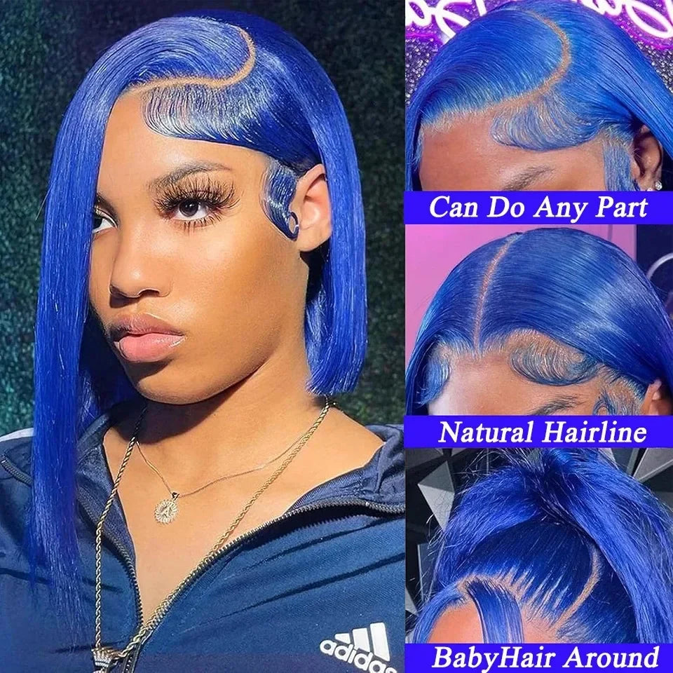 200 High Density Blue Lace Front Straight Wig 100% Human Hair Short Bob 13x4 Transparent Frontal Lace Wigs For Women