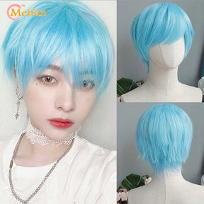 MEIFAN Synthetic Short Cosplay Lolita Anime Men Wig Male Straight Hair High Temperature Fiber Pink Blue Blonde Ombre Black Wig