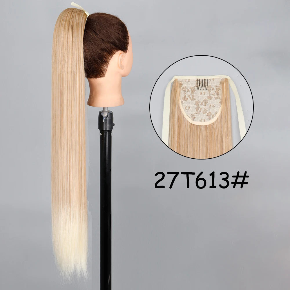 34inches Synthetic Ponytail Hair Extension Clip in Fake Wig Hairpiece Blonde Wrap Around Pigtail Long Smooth Overhead Pony Tail