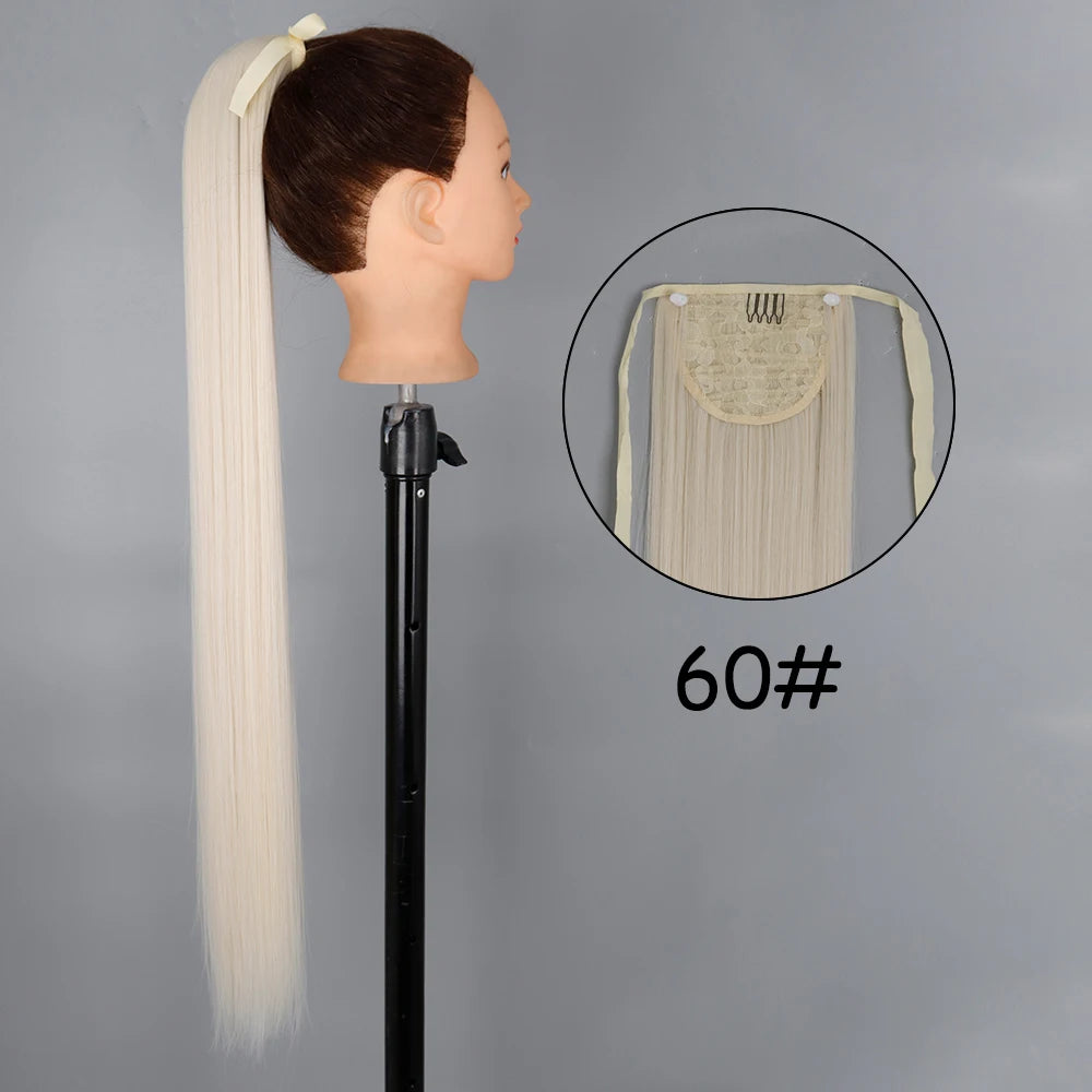 34inches Synthetic Ponytail Hair Extension Clip in Fake Wig Hairpiece Blonde Wrap Around Pigtail Long Smooth Overhead Pony Tail