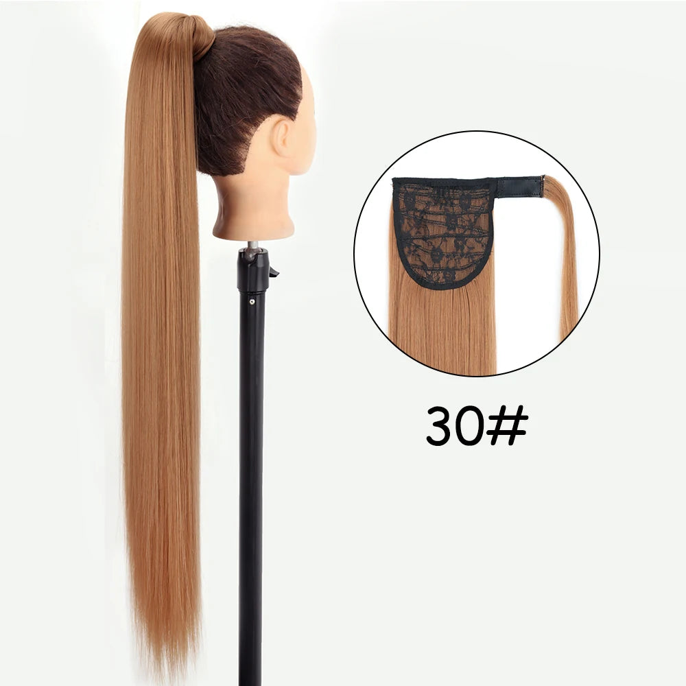 34inches Synthetic Ponytail Hair Extension Clip in Fake Wig Hairpiece Blonde Wrap Around Pigtail Long Smooth Overhead Pony Tail