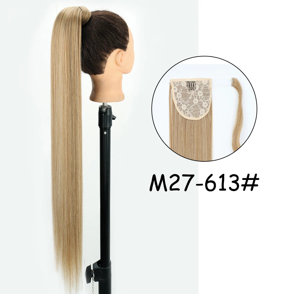 34inches Synthetic Ponytail Hair Extension Clip in Fake Wig Hairpiece Blonde Wrap Around Pigtail Long Smooth Overhead Pony Tail