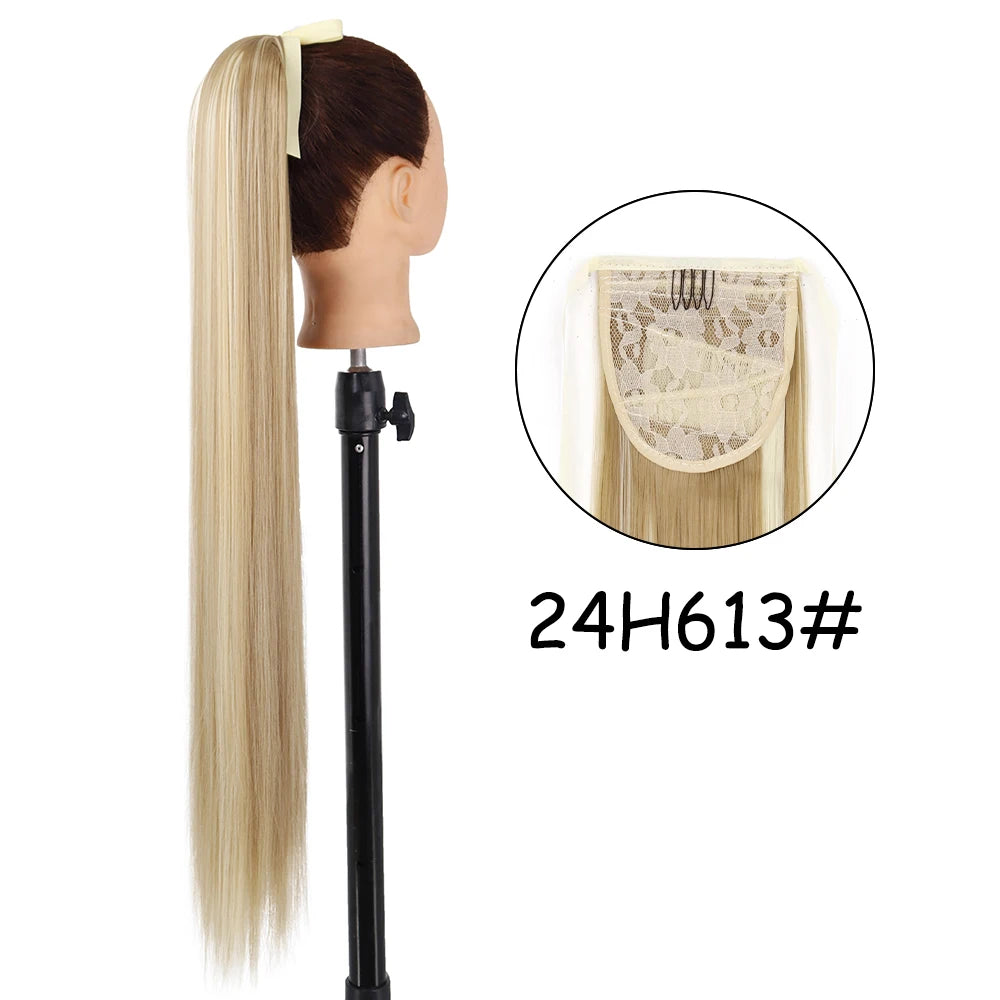 34inches Synthetic Ponytail Hair Extension Clip in Fake Wig Hairpiece Blonde Wrap Around Pigtail Long Smooth Overhead Pony Tail