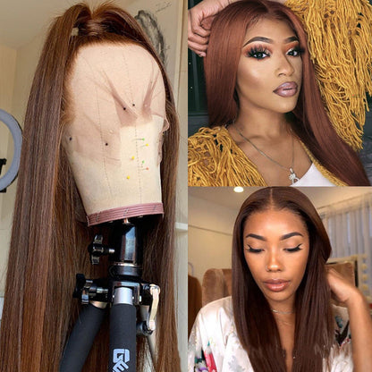 13x4 Auburn Brown Colored Human Hair Lace Front Wigs 180% HD Lace Frontal Wigs Straight Reddish Brown Fall Color Human Hair Wigs