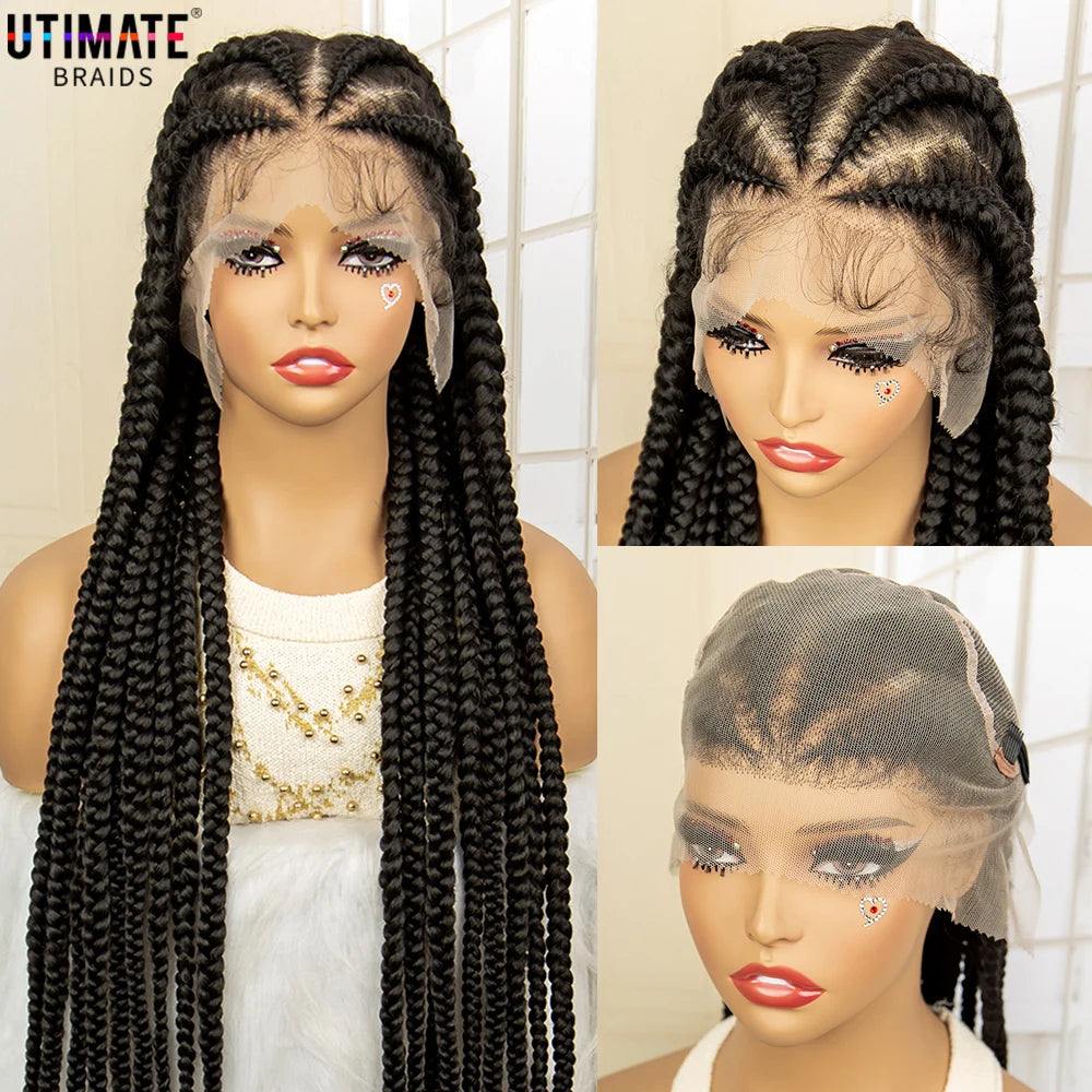 Braided Wigs Synthetic Lace Front Wig 360 Lace Cornrow Braided Wigs with Baby Hair Knotless 38 Inches Braid Wig for Black Women