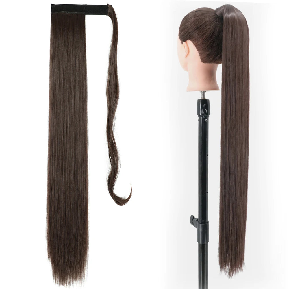 Synthetic Ponytail Hair Extension Long Straight Clip In Natural Hairpiece Black Blonde Hairstyle 85cm Wrap Around Pony Tail