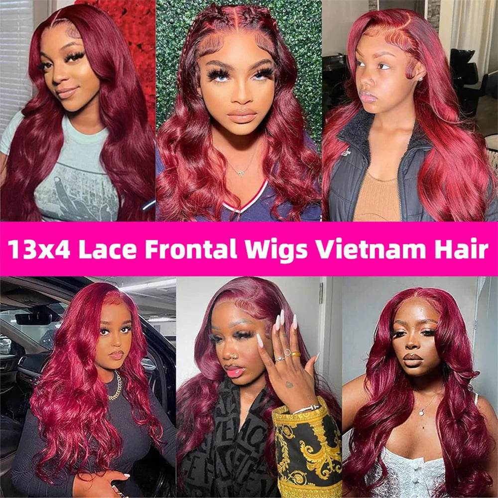 200 Density 99J Burgundy Body Wave Lace Frontal Wig Human Hair 36 Inch 13x6 Transparent Lace Frontal Human Hair Wigs for Women