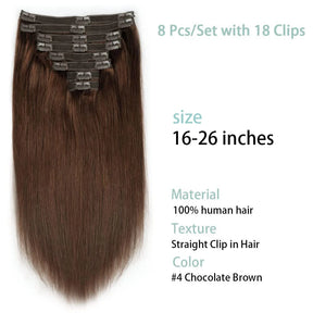 Brown Clip In Hair Extensions Real Human Hair Brazilian For Women Straight Hair 8pcs 120gram Remy Human Hair Thick Silky  Soft