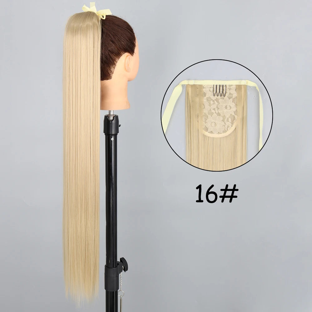 34inches Synthetic Ponytail Hair Extension Clip in Fake Wig Hairpiece Blonde Wrap Around Pigtail Long Smooth Overhead Pony Tail