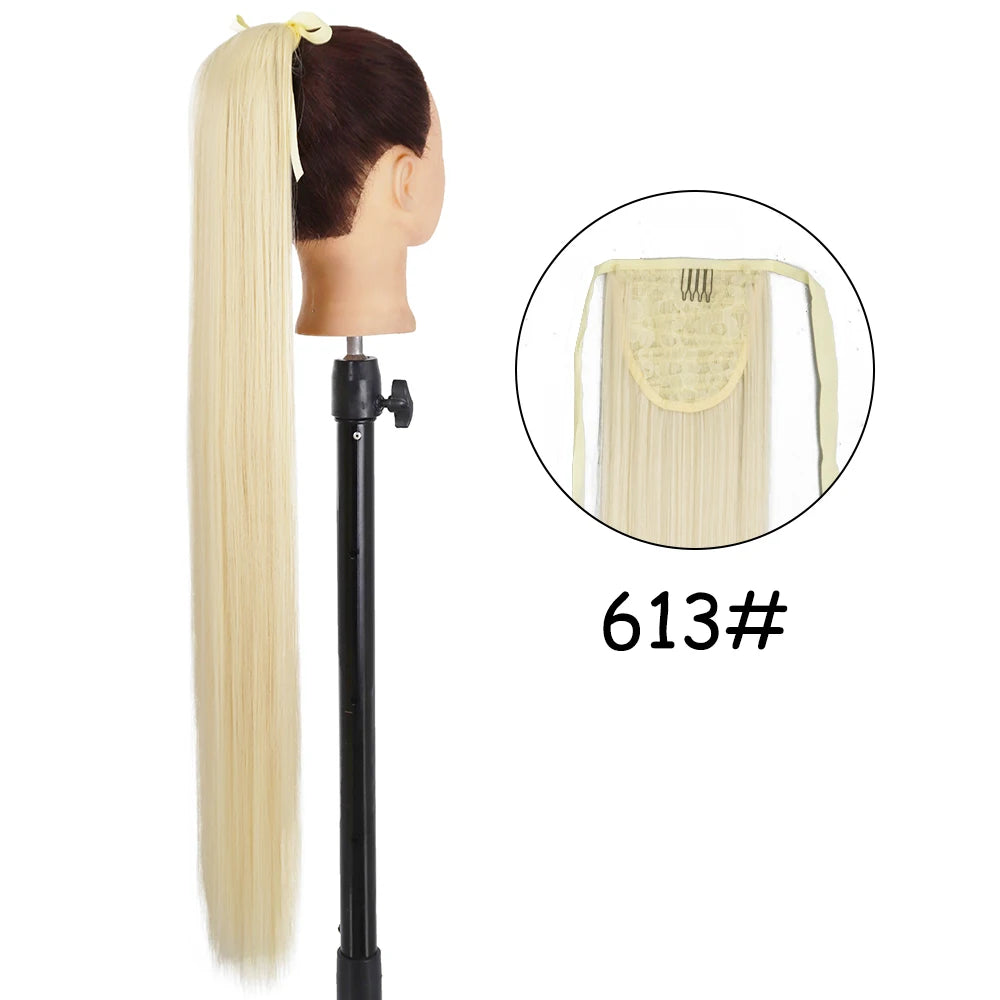 34inches Synthetic Ponytail Hair Extension Clip in Fake Wig Hairpiece Blonde Wrap Around Pigtail Long Smooth Overhead Pony Tail