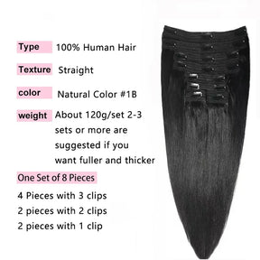 Clip In Hair Extensions Human Hair Brazilian Straight Clip In Natural Black Color Clip Ins Remy Hair 20 22 24 26 Inch For Women