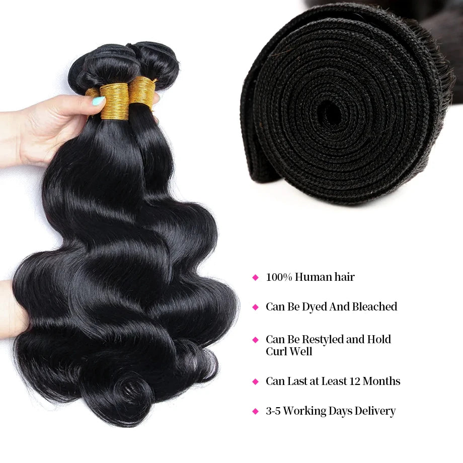 100% Human Hair Bundles 10-30 inches Unprocessed Hair Big Body Wave Natural Black Color Remy Human Hair Bundles Extensions Hair