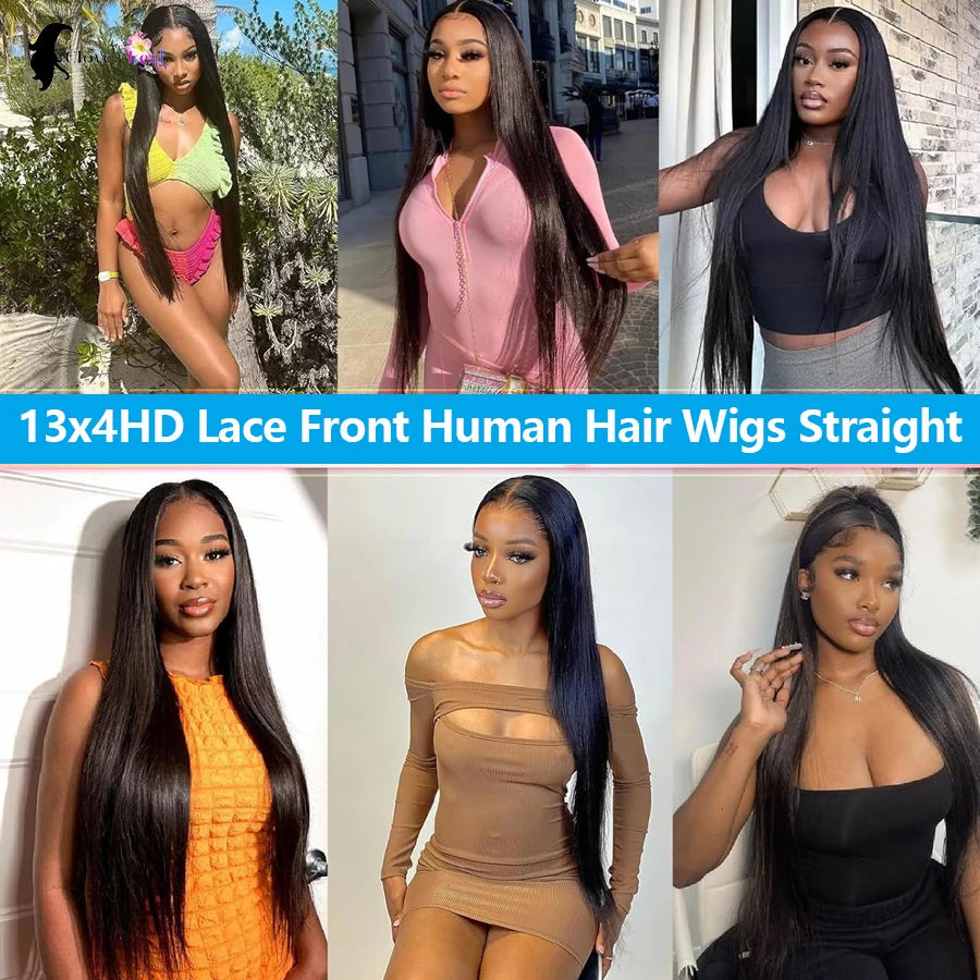 26 Inch HD Lace Front Human Hair Wigs Straight 13x4 Transparent Lace Frontal Human Hair Wigs Pre Plucked Wigs Women 180 Density