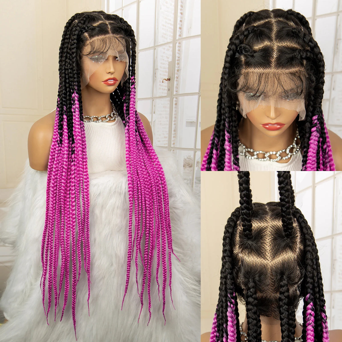 Synthetic Full Lace Big Knotless Box Braided Wigs for Women 36 Inches Lace Frontal Cornrow Braiding Wig with Baby Hair