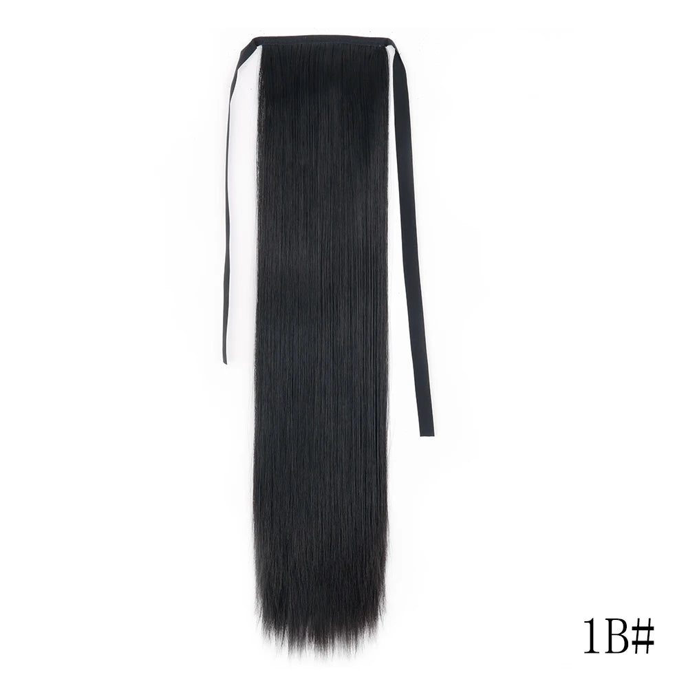 22 34inches Long Straight Ponytail Synthetic Extensions Heat Resistant Hair Wrap Around Pony Hairpiece for Women