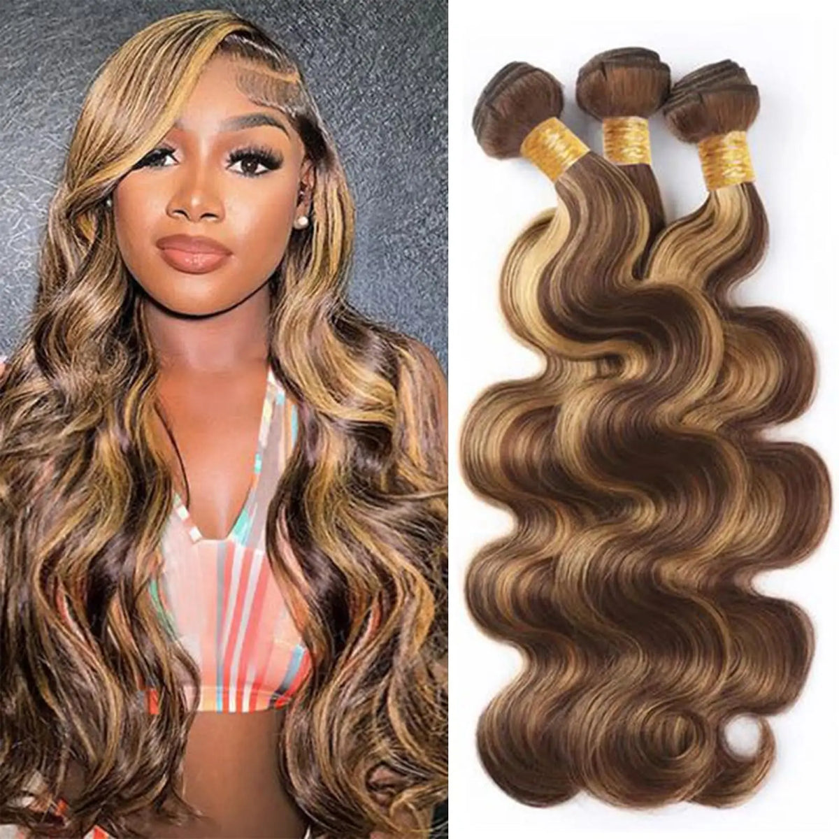 P4/27 Highlight Human Hair Bundles Body Wave Bundles Human Hair 18 20 22Inch Human Hair Body Wave Bundles Ombre Brown Bundles