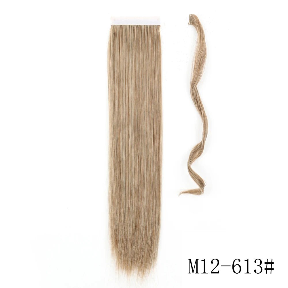 22 34inches Long Straight Ponytail Synthetic Extensions Heat Resistant Hair Wrap Around Pony Hairpiece for Women