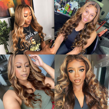 4/27 Highlight Ombre Colored body wave 13x6 HD Lace Frontal wig Human Hair 100% 30 40 Inch brazilian wigs