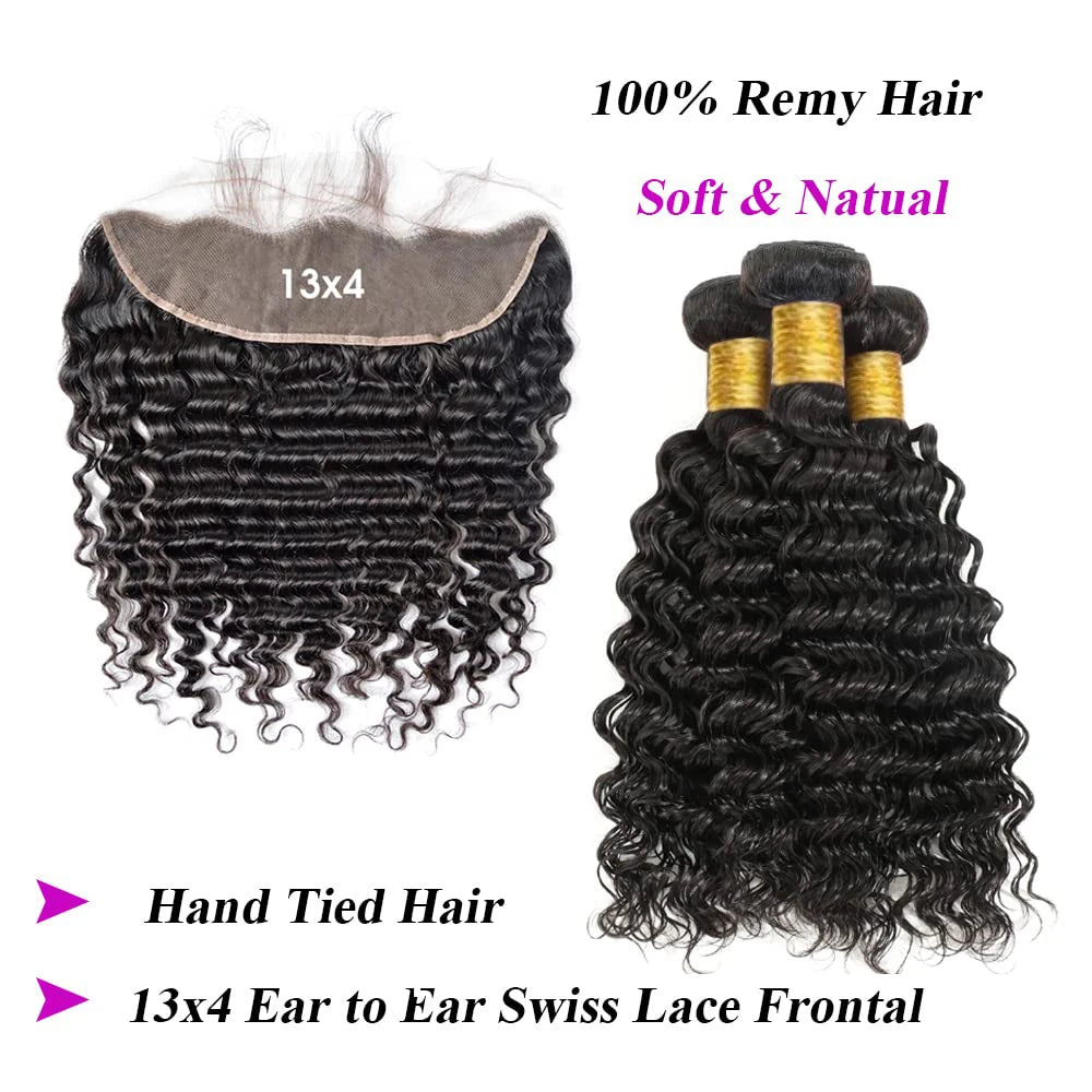 Deep Wave Human Hair Bundles with Closure 100% Unprocessed Virgin Human Hair 3 Bundles With Transparent Lace Frontal Natural  1B