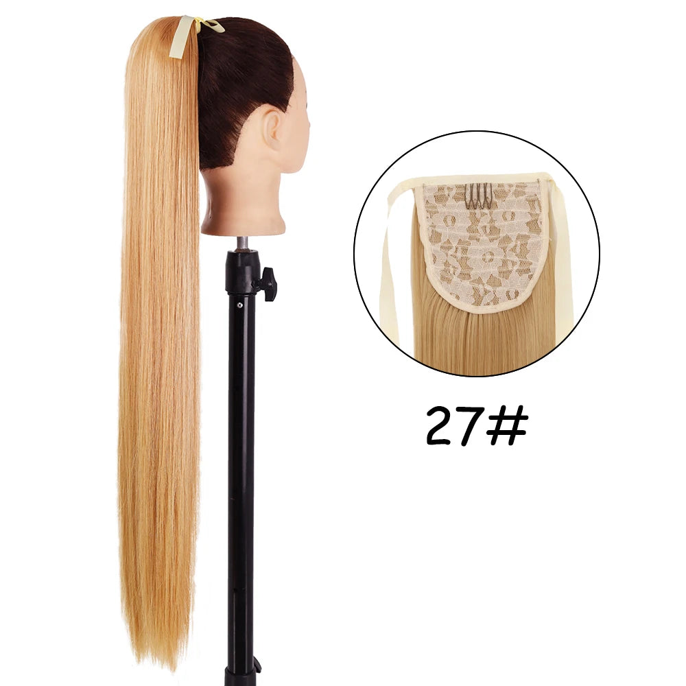 34inches Synthetic Ponytail Hair Extension Clip in Fake Wig Hairpiece Blonde Wrap Around Pigtail Long Smooth Overhead Pony Tail