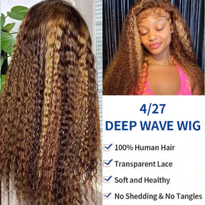 4/27 Straight 13x4 Transparent Lace Front Human Hair Wig Deep Wave Highlight Ombre Colored Body Wave 250 Density Wigs Human Hair