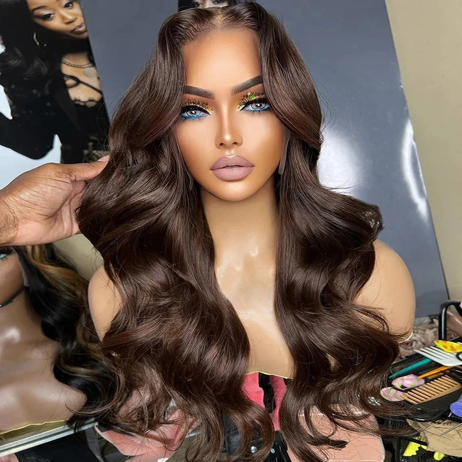 ZXBMALWIGS  Dark Chocolate Brown Body Wave Synthetic Hair Lace Front Wigs for Women High Temperature Fiber Lace Wigs